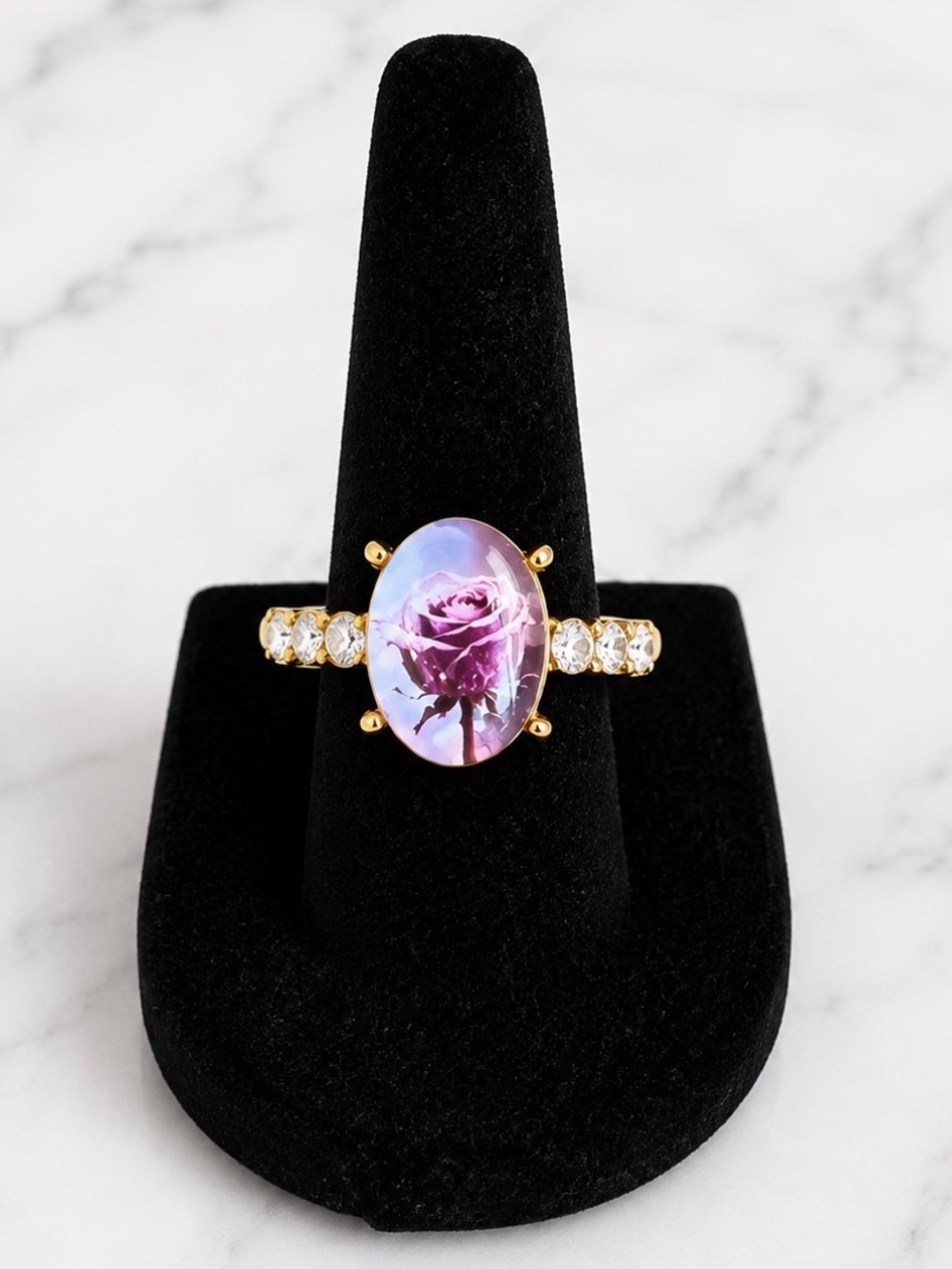 Gold Tone Fashion Ring with Purple Rose Cabochon Size 5.5